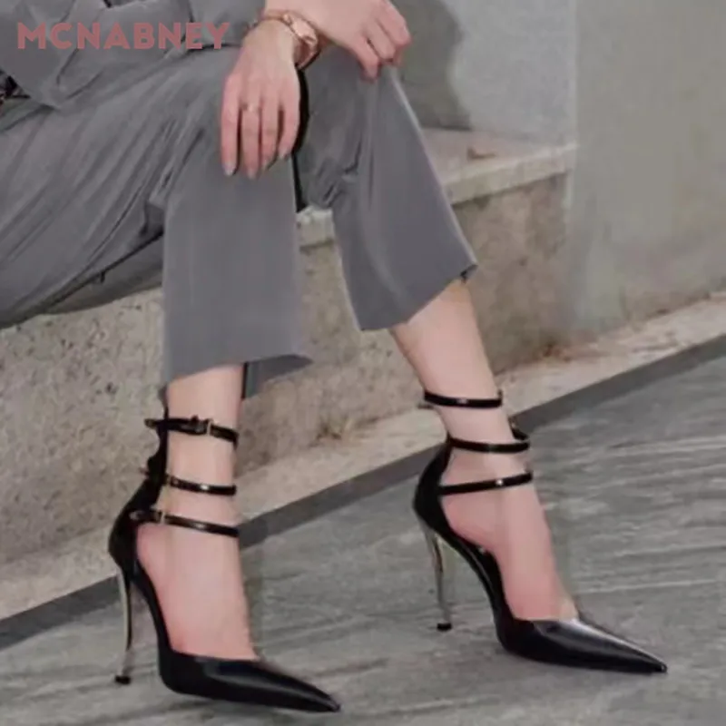 Black Patent Leather Pointed Shoes Metal One Word Buckle with Stiletto Heel Fashion High Heels Personalized Sexy Women's Shoes