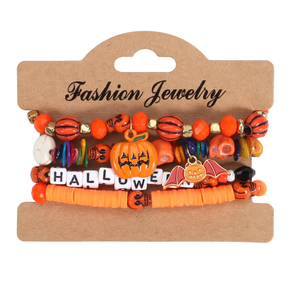 łami Halloween Wielowarstwowe nietoperze Dynia Pająk Dangle Bransoletka Ręcznie robione koraliki Prezent na imprezę świąteczną 4-częściowy