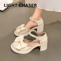 mary jane shoes womens spring new fashion womens high heels bow pearl buckle thick heel small leather sandals womens summer