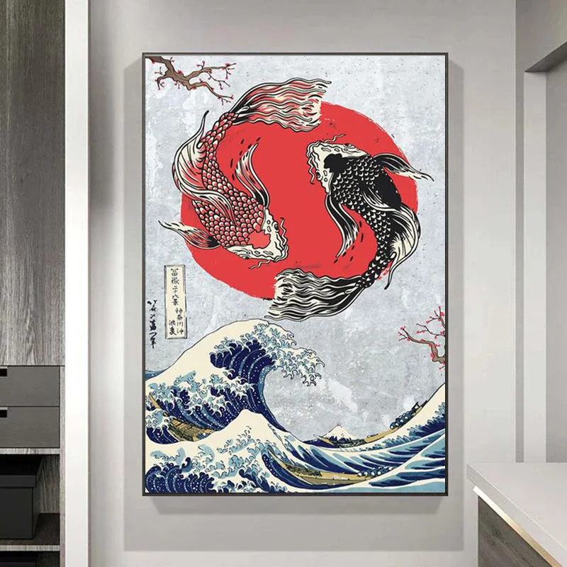 

Japanese Anime Canvas Painting Great Wave Koi Fish Ying Yang Manga Posters Print Mural Pictures Wall Art Room Home Decor Cuadros