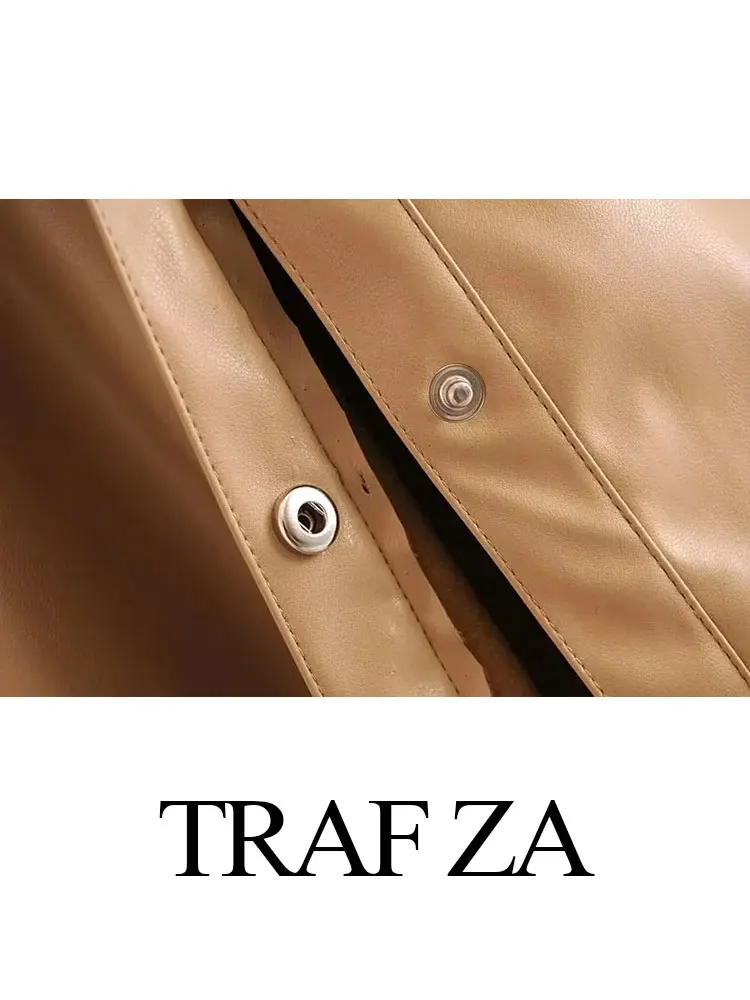 TRAF ZA Autumn Women's Pu Faux Leather Jacket Solid Vintage Button Belt Slim Coat Casual Fashion Female Fleece Warm Outerwear