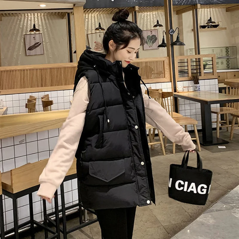 Winter Korean Fashion Sleeveless Female Jackets Hooded Solid Color Loose Outerwear Long Vest Coat Women Down Cotton Parkas