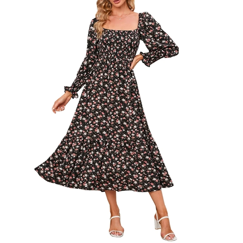 

Womens Square Neck Shirred Ruffled Hem Elegant Midi Swing Dress Puff Long Sleeve Bohemian Floral Print A-Line Dresses