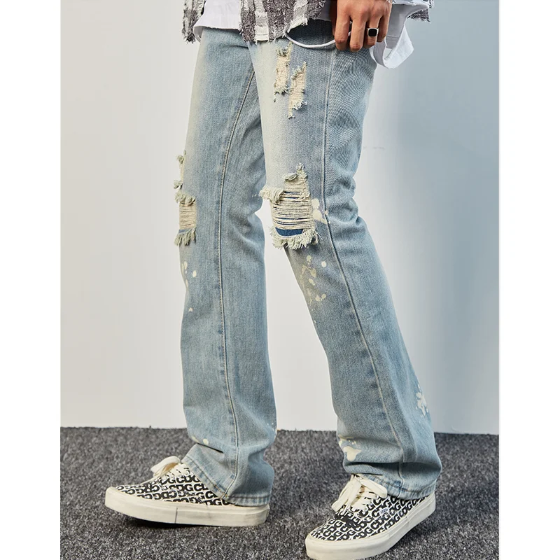 Men Clothing New Style Baggy Straight Cylinder Splash Ink Ripped Jeans Vintage Trend Simplicity Casual Pants Autumn and Winter