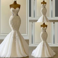 mermaid wedding dress sweetheart sleeveless strapless appliques 3d lace sequins ruffles bridal gowns plus size vestido de novia