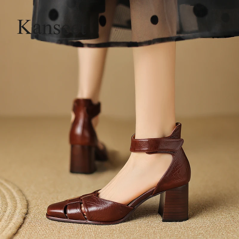 

Kanseet Summer Women Shoes 2023 New Real Leather Sandals Square Toe Casual Rome Style Ladies Handmade High Heels Sandal Brown