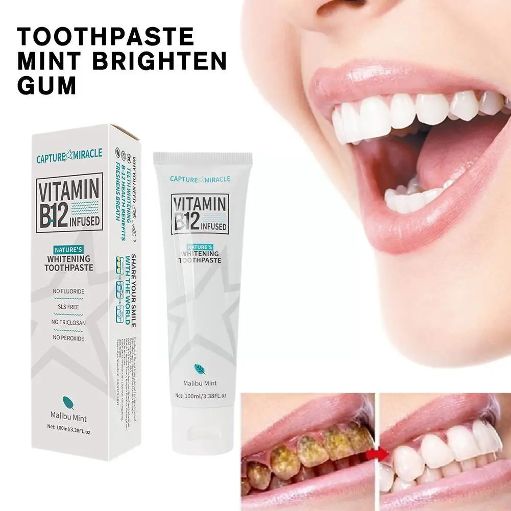 

100ml Vitamin B12 Toothpaste Mint Brighten Gum Repair Hygiene Health Fresh Tooth Stains Breath Beauty Oral Whitening Remove W9S7