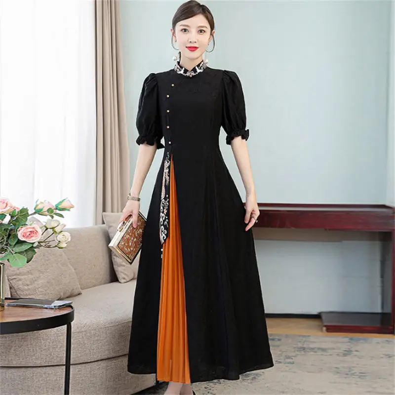 

2022 Summer New Chinese Style Stand Up Collar Embroidered Improved Cheongsam Retro Dress High Waist Slim Long Dress Qipao H333