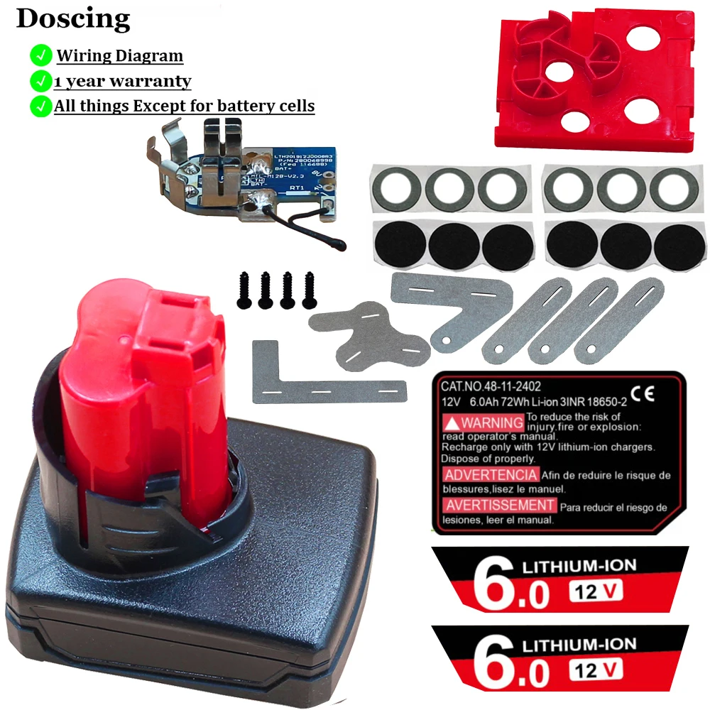 M12 литий-ионный аккумулятор, пластиковый чехол, печатная плата для зарядки, защитная печатная плата, этикетка для Milwaukee 12V 48-11-2411 6Ah, наклейка, коробка, корпус