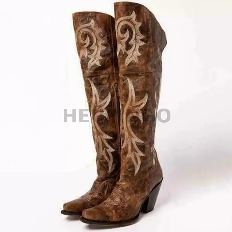 Cowboy Boots For Women 2023 Fashion Brown Boots Knee High Heels Embroider Sexy Warm Winter Zip Femme Handmade Shoes Size 43