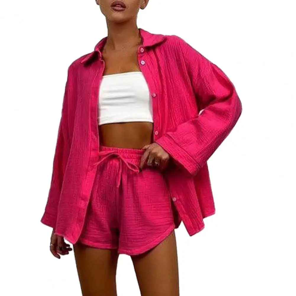 

2 Pcs/Set Women Shirt Shorts Set Lapel High Waist Long Sleeves Drawstring Elastic Waist Solid Color Lady Summer Outfit 2023