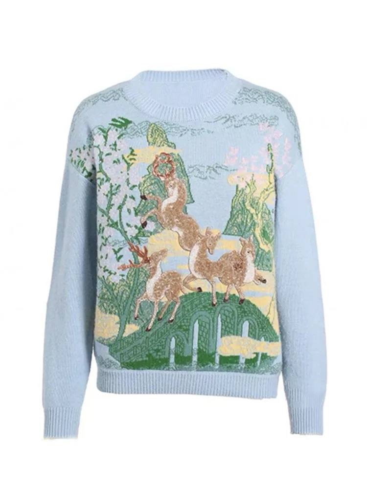 

Женский трикотажный жаккардовый свитер, винтажный пуловер с длинным рукавом и круглым вырезом, трикотажный топ с мультяшным рисунком, Осень-зима 2023