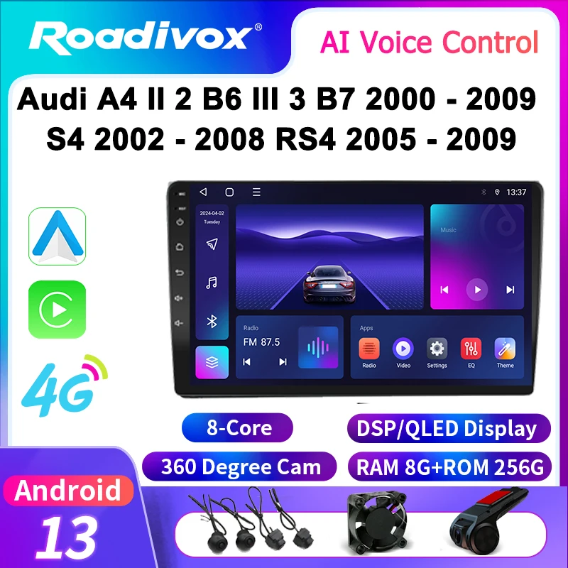 Фото Автомобильная радиостанция Roadivox Android для Audi A4 II 2 B6 III 3 B7 2000 2009 S4 2002 2008 RS4 2005 2009tape рекордер carplay №1