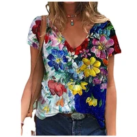 summer 2022 fashion ladies floral cartoon t shirt printing v neck short sleeve blouse casual summer sweater loose top women tops