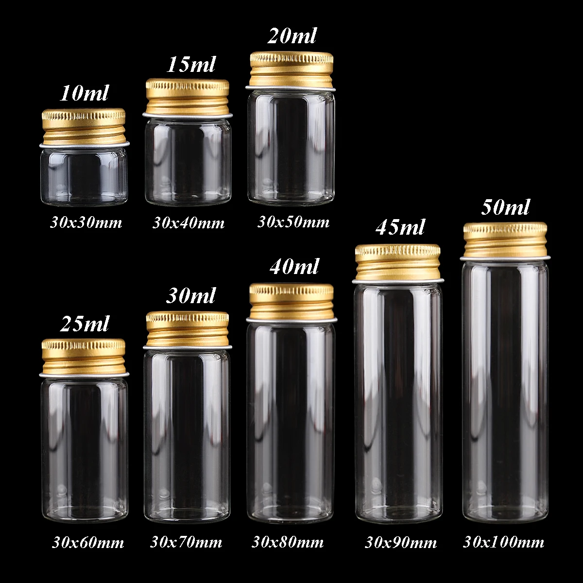 

Dia 30mm 10/15/20/25/30/40/45/50ml Glass Bottles with Golden Aluminum Caps Potion bottles Spice Jars for Wedding Favors