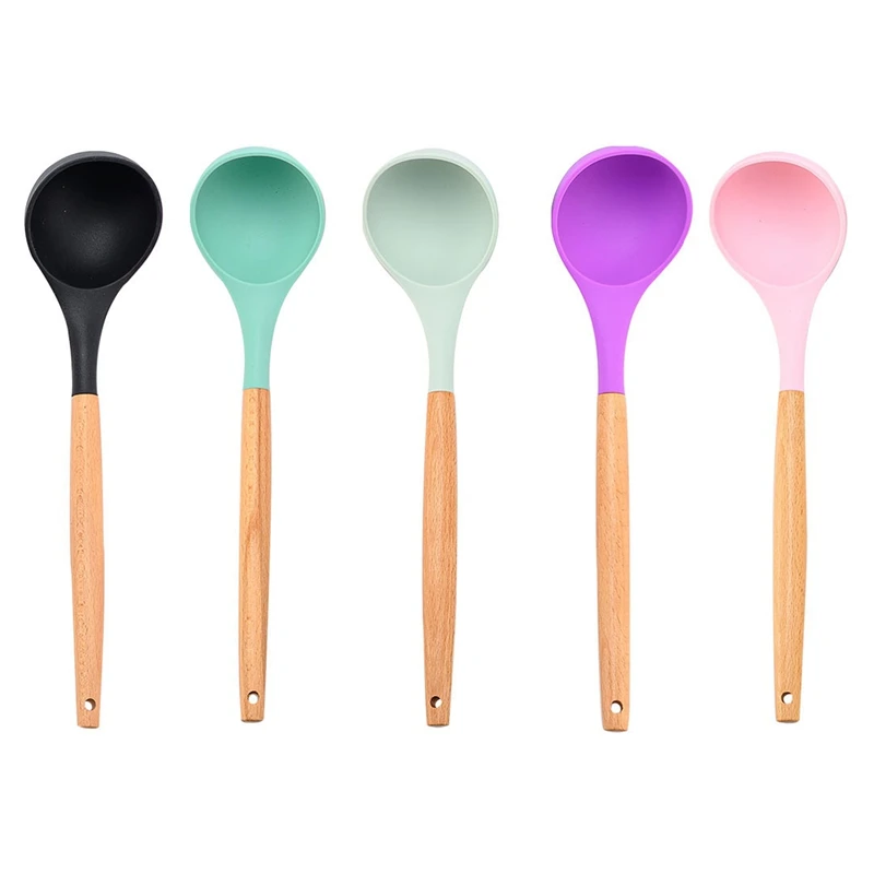 

Силиконовая ложка с деревянной ручкой, термостойкая Удобная Нескользящая прочная антипригарная сервировочная ложка