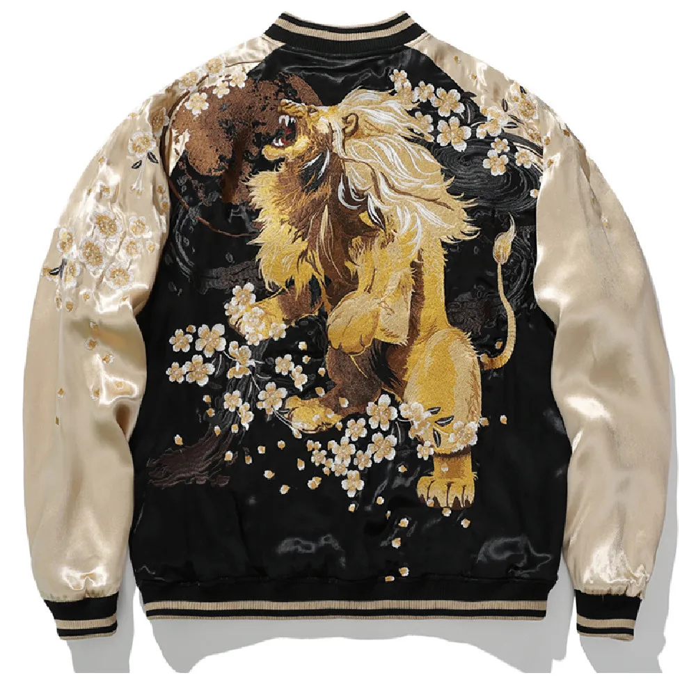 

Men Boys Double-Sided Sukajan Souvenir Jackets Sakura Lion King Heavy Work Embroidered Coats Fashion Vintage Classic Reversible