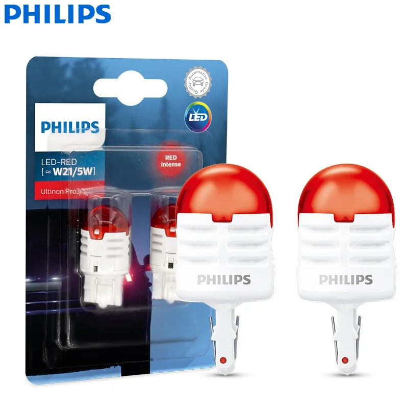 Philips-bombillas LED T20 W21/5W 580 7443 Ultinon Pro3000, luces de señal de giro rojas de 12V, luz trasera de marcha atrás para coche, 11066U30RB2, 2x