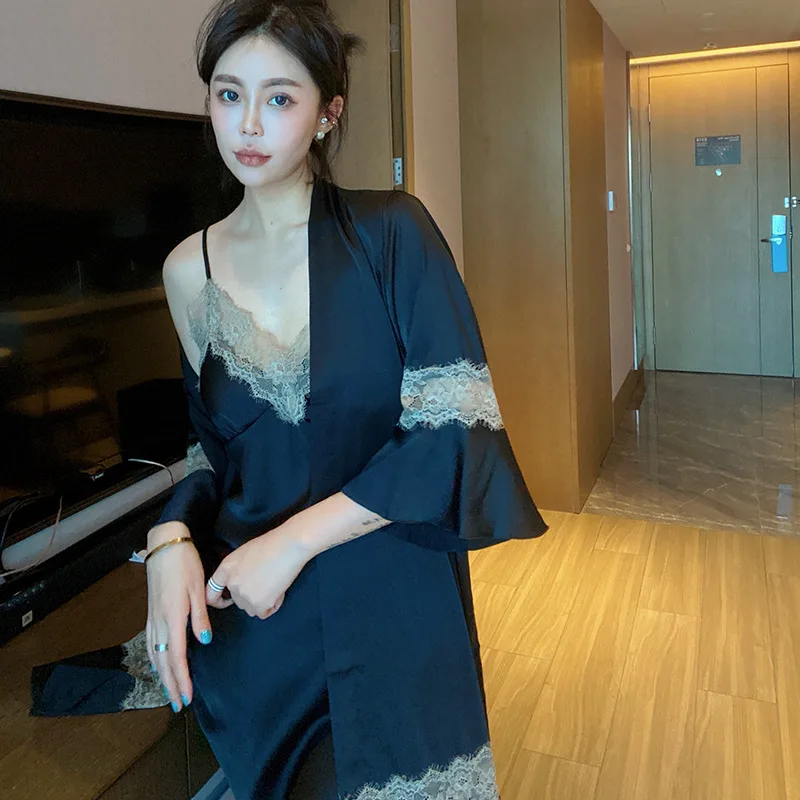 New suspender nightdress two-piece ice silk homewear wholesale sexy pajamas lingerie set with robe