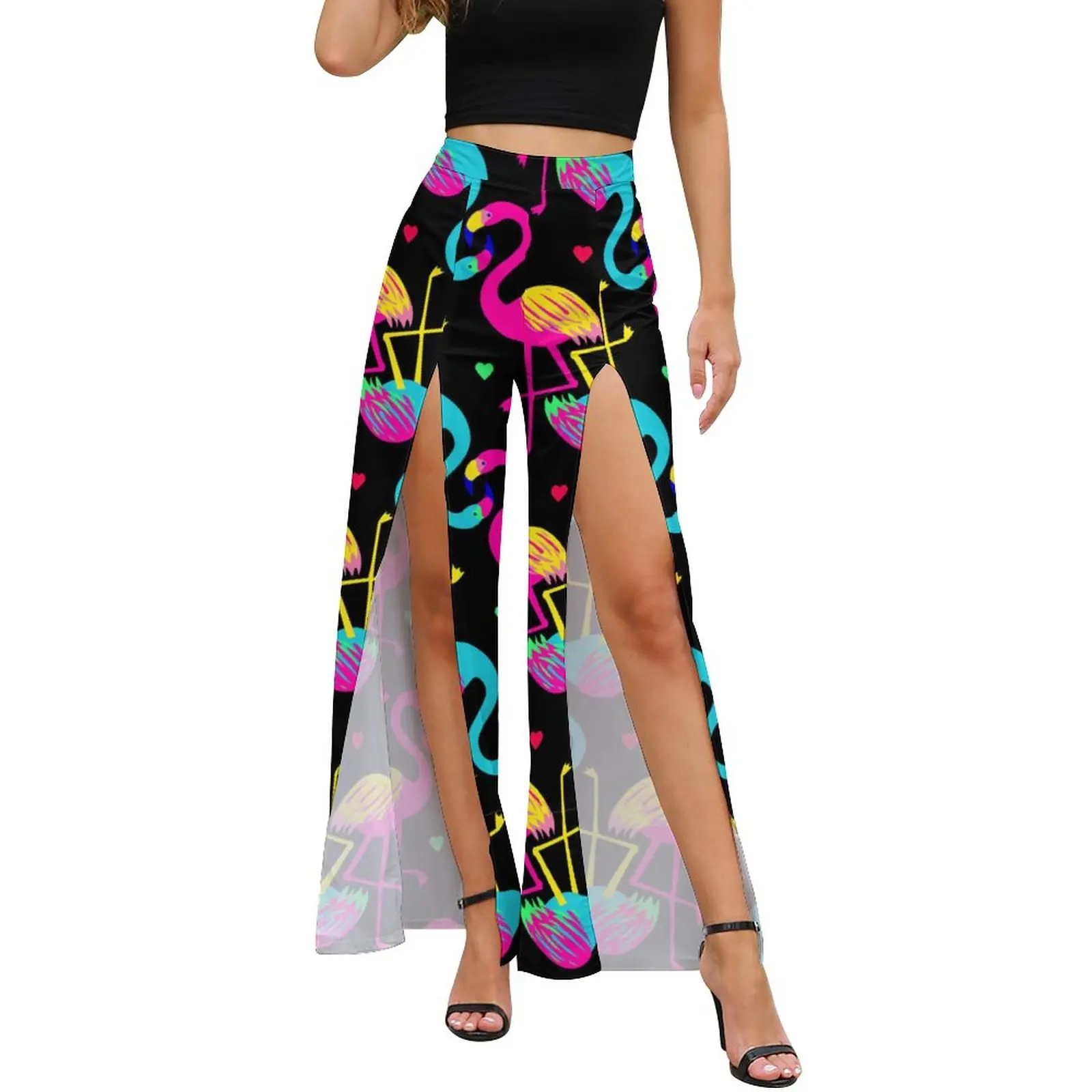 

Colorful Flamingo Print Pants Slit Animal Pop Art Elegant Trousers Daily Womens Street Style Pattern Wide Leg Pants