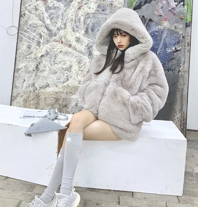 2021 New Rex Rabbit Fur Coats Women Hooded Faux Fur Coat Fashion Zipper Long Sleeve Thick Warm Winter Jacket Parkas Streetwear