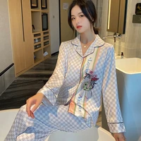 the spring and autumn period and the new ice silk pajamas lady fashion long sleeved two piece printed cartoon ice silk leisure w