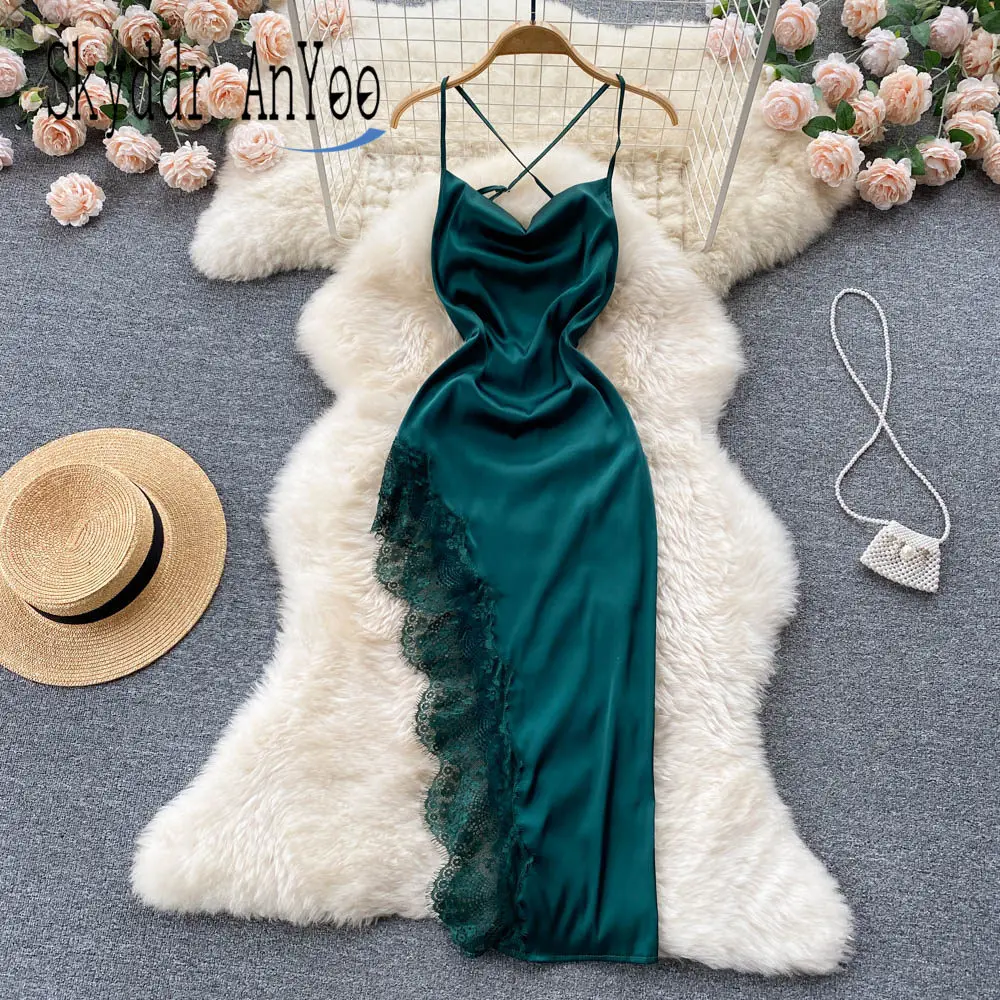 

Summer Party Dresses For Women 2022 Robe Femme Sleeveless Backless Satin Irregular Lace Split Midi Sexy Dress Black Chic Vestido