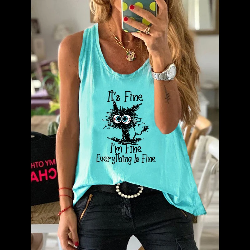 Summer Casual Fashion Women Graphic Sleeveless Vests Black Cat Letter Print Female Vintage Streetwear Waistcoat Ladies Tank Tops |