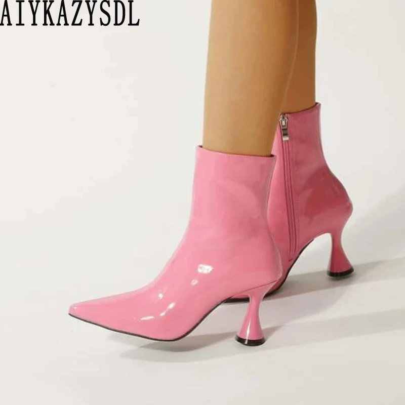 

AIYKAZYSDL Women Minimalist Side Zipper Pyramid Heel Boots Vinyl Glossy Leather PU Ankle Boots Candy Color Pink Green Bootie