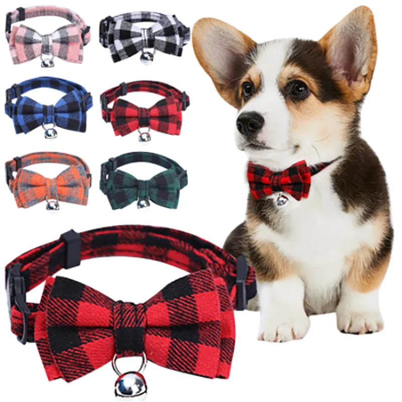 

Pet Cat Dog Bow Tie Winter Pet Supplies With Bell Dog Accessories Small Dog Bowtie Collar Plaid Style Harnesses Grooming Product