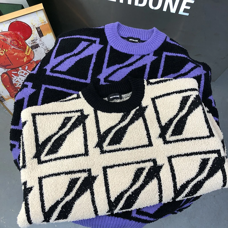 

Oversized WE11DONE Sweater Full Print Square Logo Vintage Men Women 1:1 Welldone Crew Neck Pullover