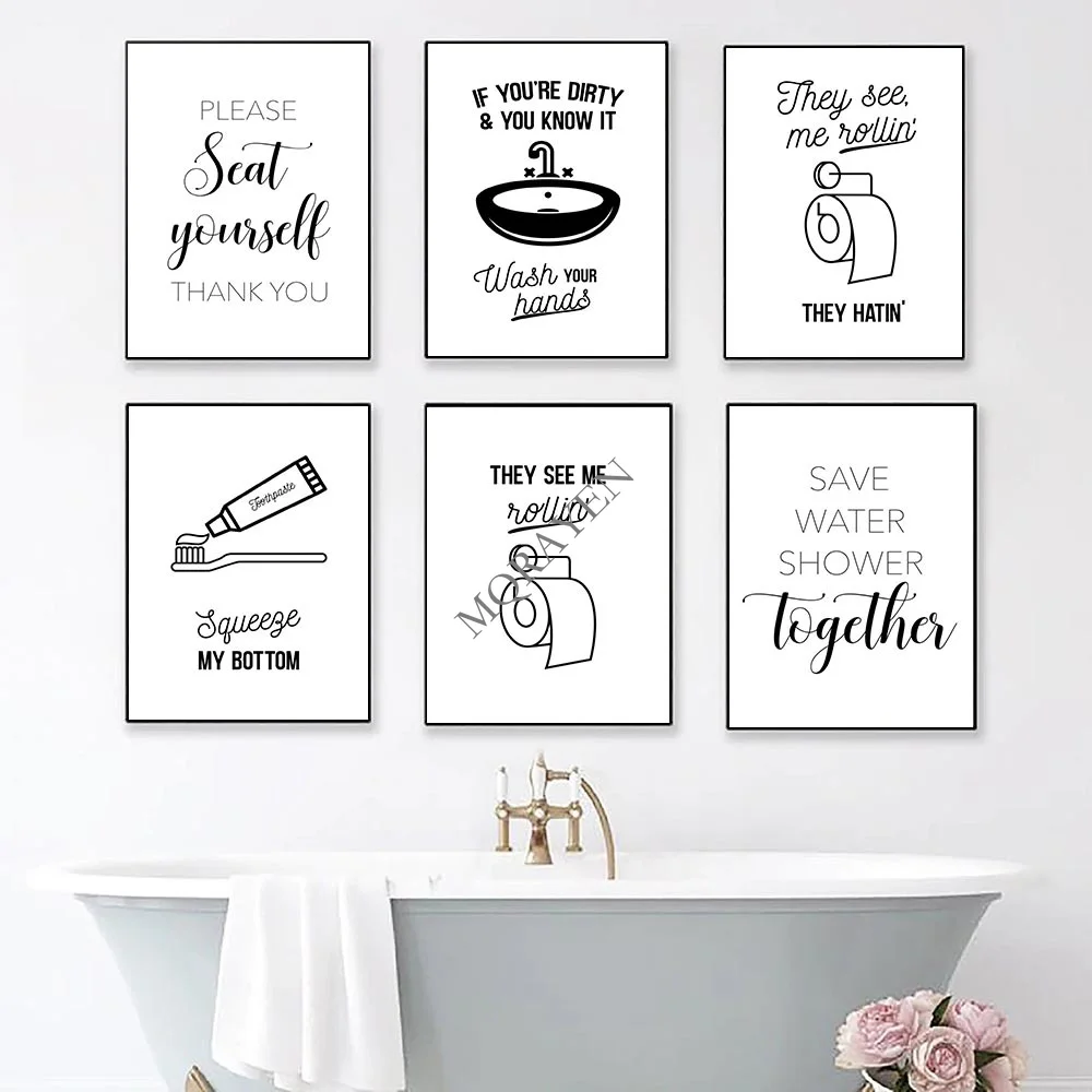 

Wash Your Hands They See Me Rollin Wall Art Canvas Painting Poster Print Funny Bathroom Quotes Black Typography Home Decor