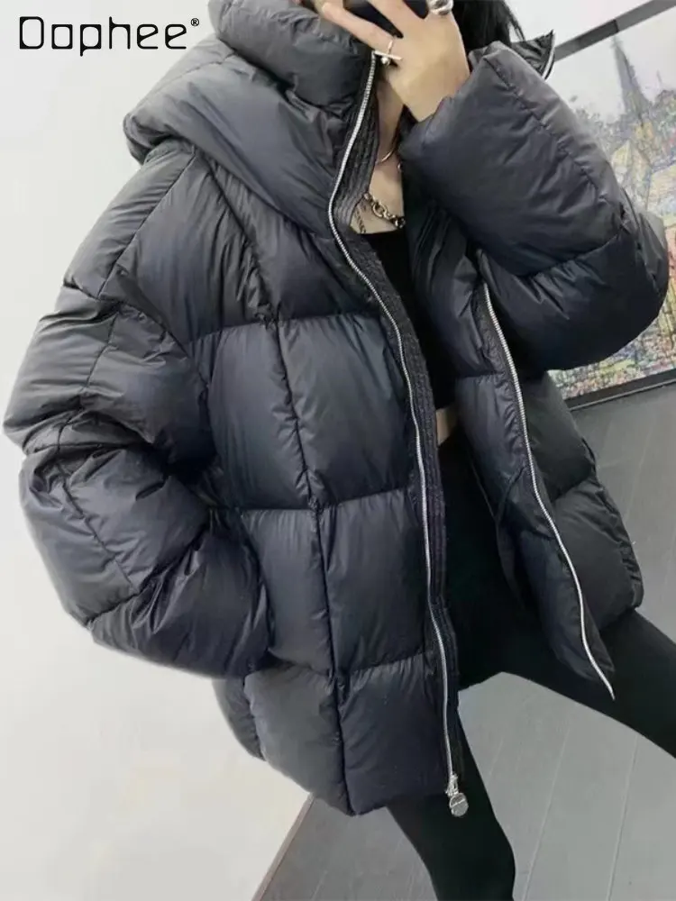 

2022 Winter New Simple Black Hooded Mid-Length Down Jacket Streetwear Casual Women's Zipper Long Sleeve Thickened Puffer Coats