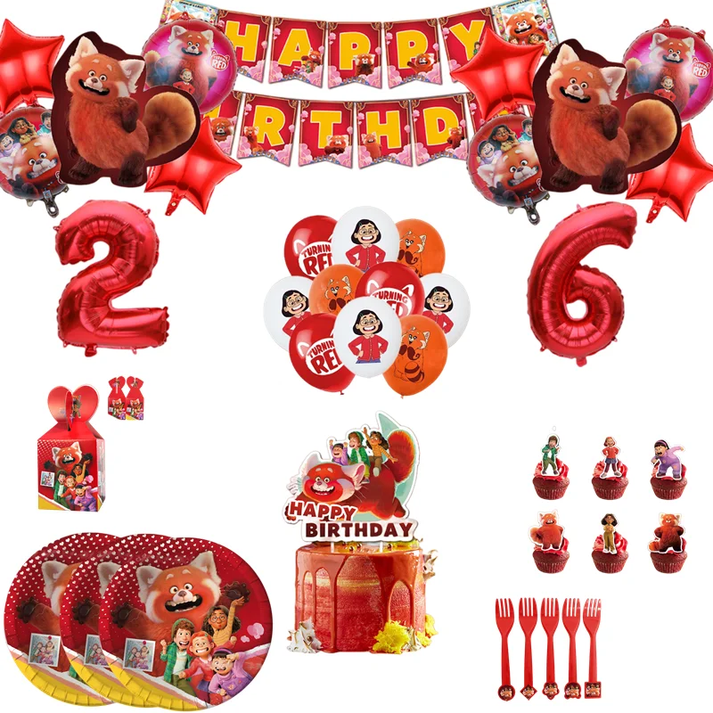 

Turning Red Birthday Party Supplies Disposable Tableware Napkins Tablecloth Banner Balloons Cake Toppers Baby Shower Decoration