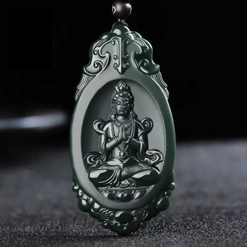 

Mai Chuang/ He Tian Cyan Jade Praying Guanyin Necklace Pendant Hand Carved Fashion Elegant Personality Jewelry Men Couple Gift