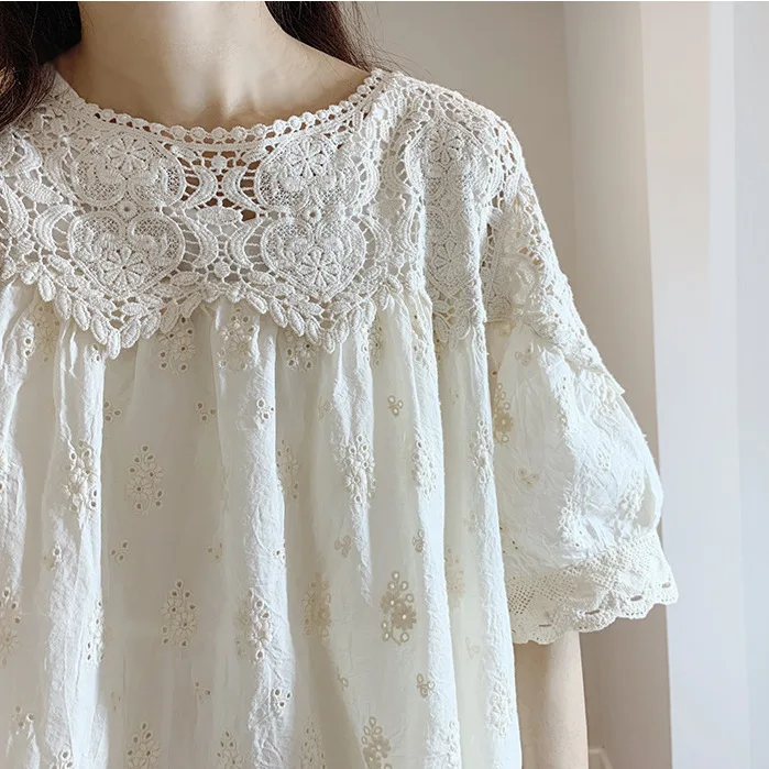 100% Cotton Linen Female Aesthetic Cottagecore Floral Embroidery Eyelet Lace Big Size Outfits Rococo Mori Girl Lolita Midi Dress