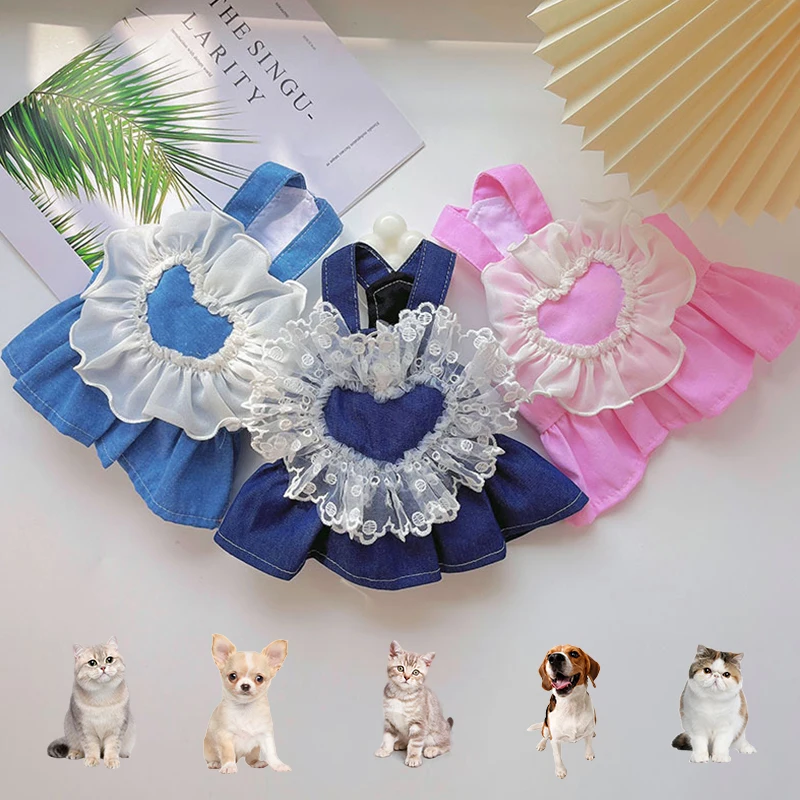 

Pet Spring Summer Princess Skirt Dog Cat Lace Love Denim Strap Skirt Small Medium Size Dog Pomeranian Teddy Pulling Clothes