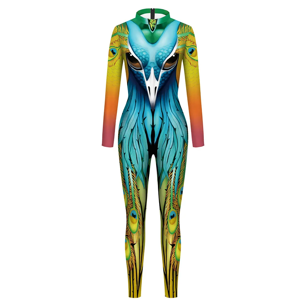 

Women Men Blue Peacock Bird 3D Print Jumpsuit Elastic Tight Bodysuit Halloween Cosplay Costumes Party Role Play Dress Up Outfit