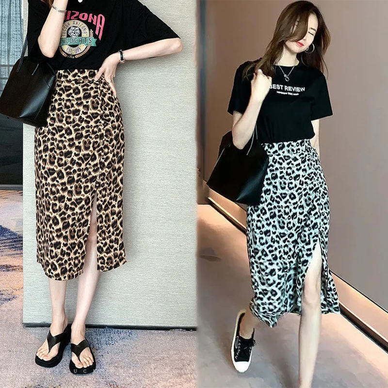 

Women Skirt High Waist Harajuku Leopard Print Split Skirts Elastic Summer Fashion Mid-Length Slim A-Line Bag Hip Skirt 2022