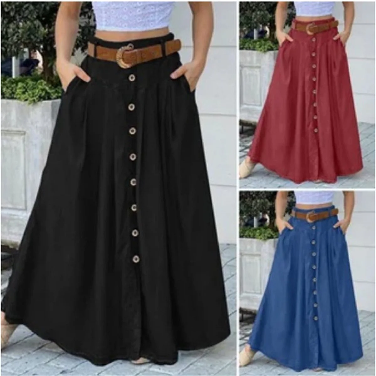 

Женская Макси-юбка из смеси хлопка, макси-юбка с карманами, без подкладки, базовая уличная одежда, цвет темно-синий/черный, для лета