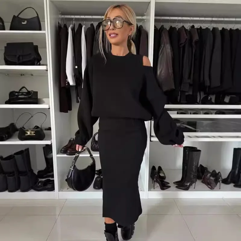 Новое платье со свитшотом комплекты из двух предметов женская мода однотонный