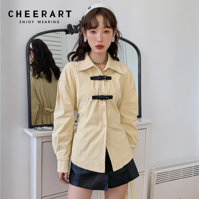 

CHEERART Spring 2022 Women Fashion Corduroy Yellow Designer Shirt Long Sleeve Button Up Collared Leather Buckle Fashion Top