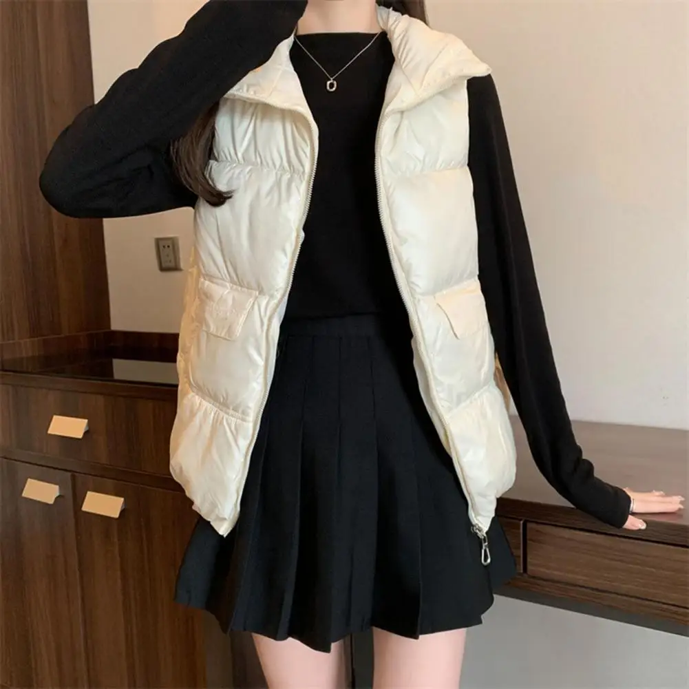

Loose Vest Thickened Padded Women's Winter Vest Windproof Heat Retention Plus Size Sleeveless Lapel Pockets Zipper Closure Thick