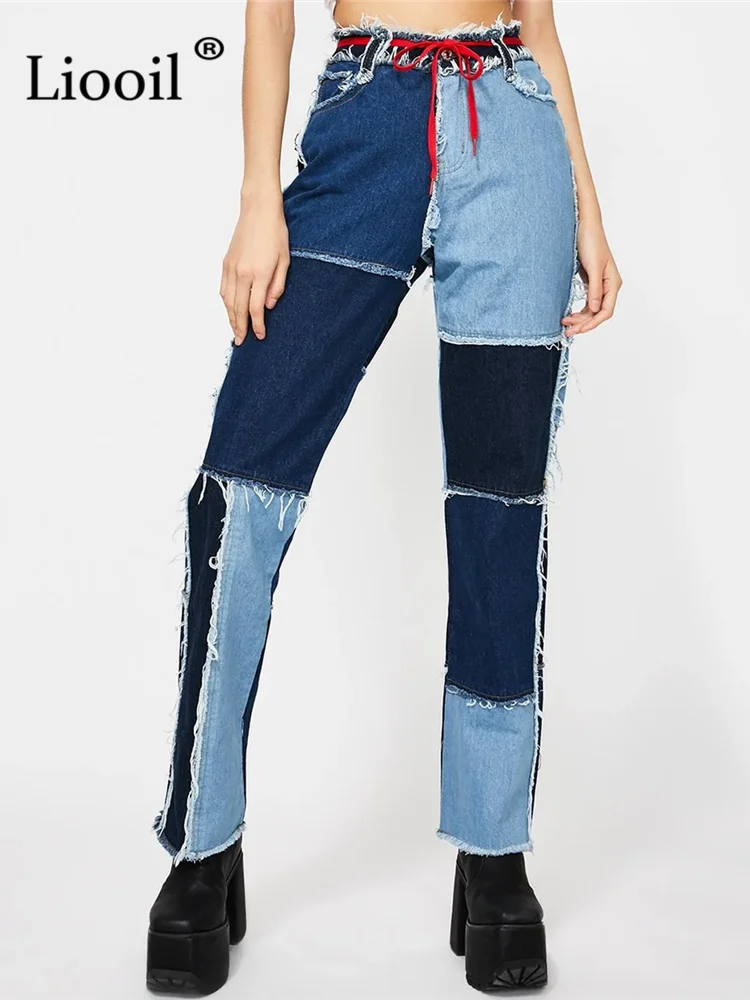 

Patchwork Stretch Burrs Straight Leg Jeans For Women With Pockets Streetwear Blue Color Block High Waist Sexy Skinny Denim Pants