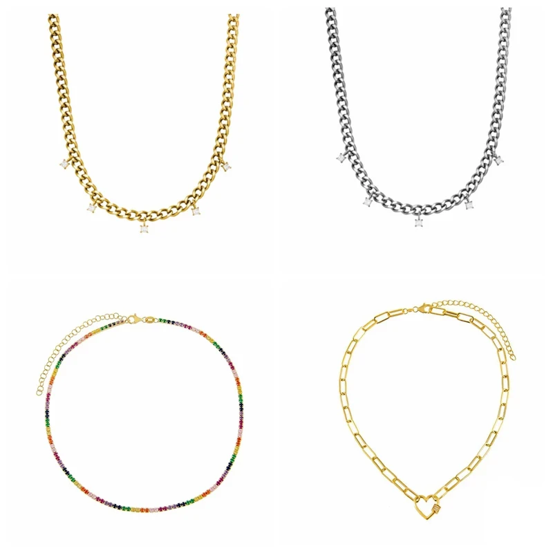

Aide Gold Color Silver Color Thick Chain Necklace For Women Colored Zircons Setting Choker Heart Charm Pendant Necklace Jewelry