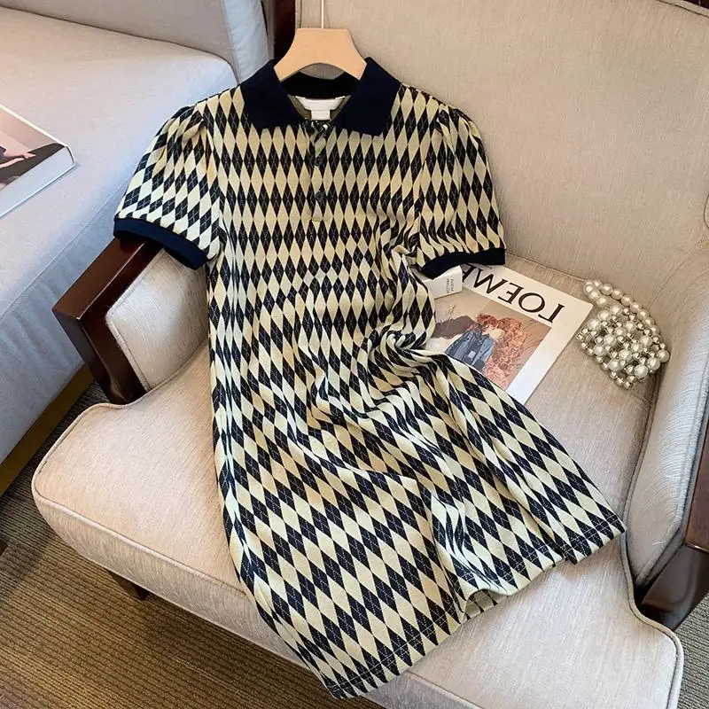 

2022 Summer New Women's Dress Retro Rhombic Jacquard Polo Collar Short Sleeve Waist Slim Knee Length Skirt