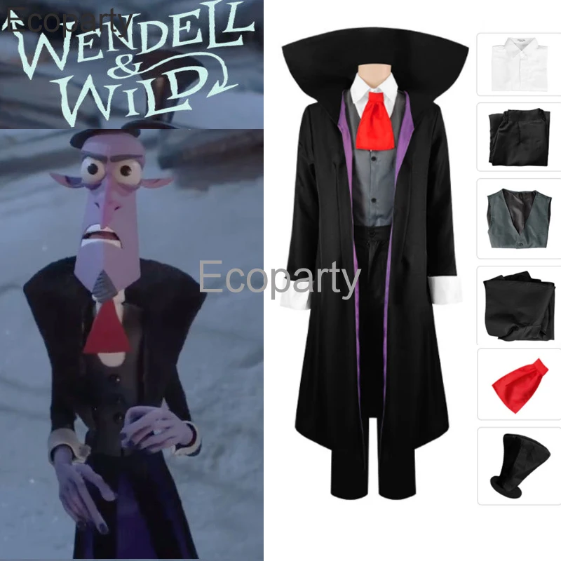 

Костюм для косплея Wendell и Wild из нового фильма для взрослых, черный Тренч с воротником-стойкой, штаны-рубашка, шапка, костюм для вечеринки в стиле Хеллоуин