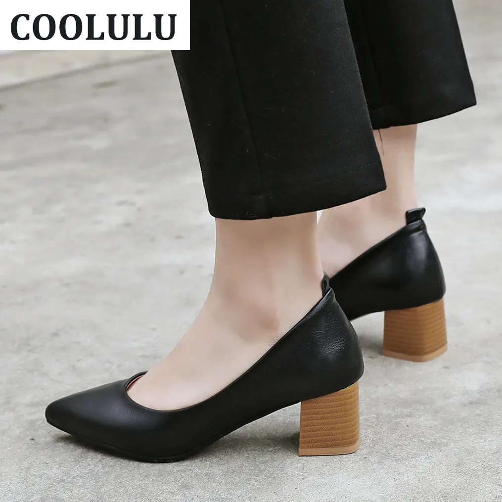 

Женские туфли-лодочки COOLULU на многослойном каблуке с острым носком, универсальная женская обувь, черные туфли-лодочки без застежек размером...