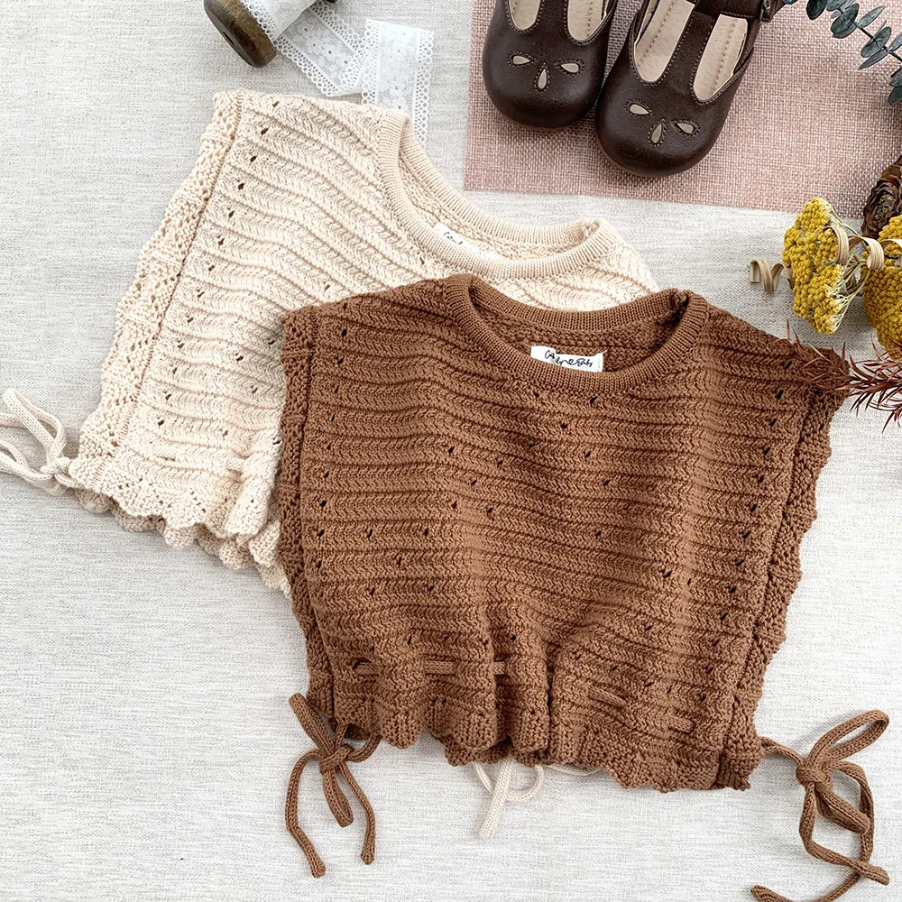 New Children's Knitting Vest Hollow Out Sweater Waistcoat Girls Round Neck Bow Princess Warm Children's Vest Baby Sweater Tops