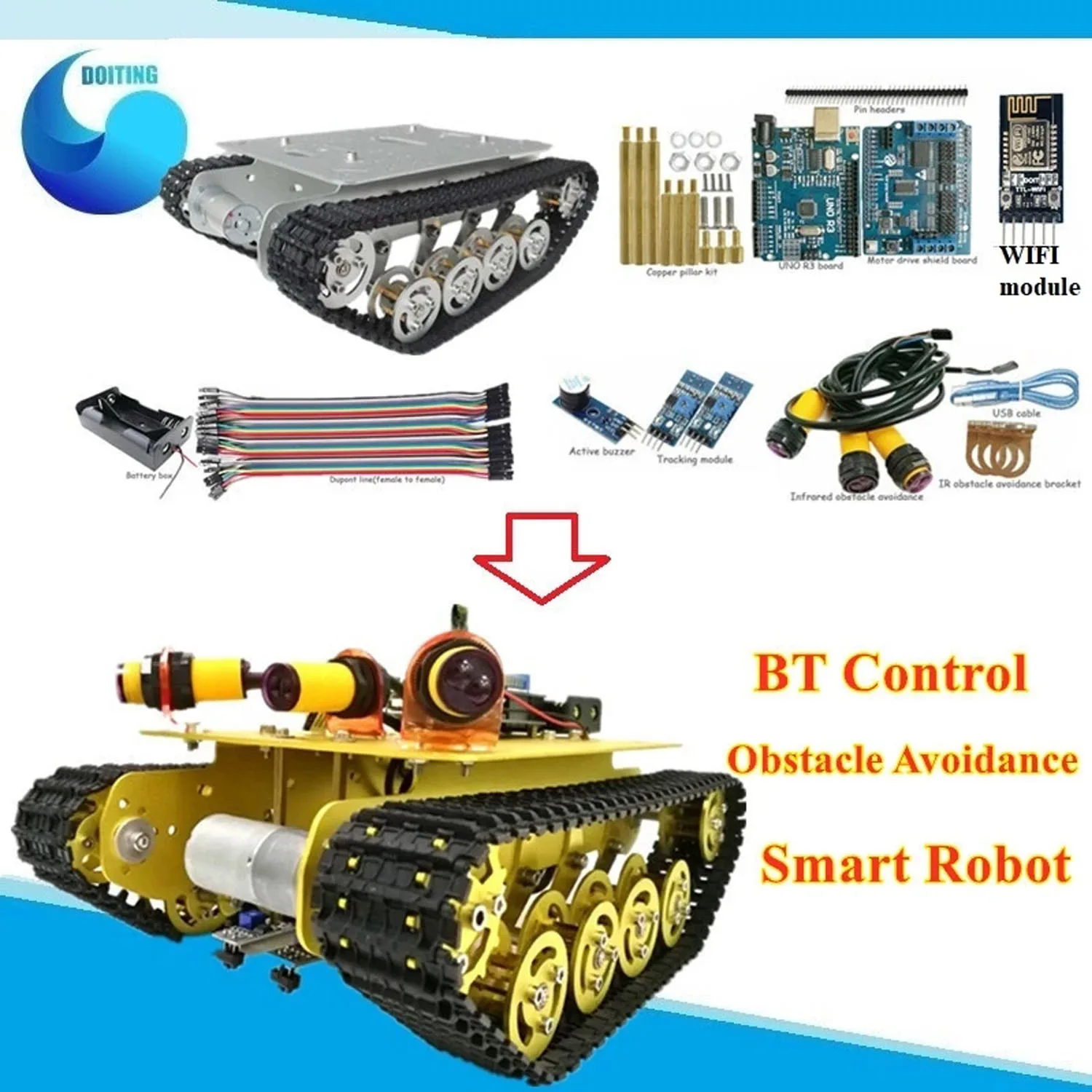 

TS100 Bluetooth Control Obstacle Avoidance Robot Tank Chassis Shock absorbing Crawler Car Mobile Robot Controled by Phone